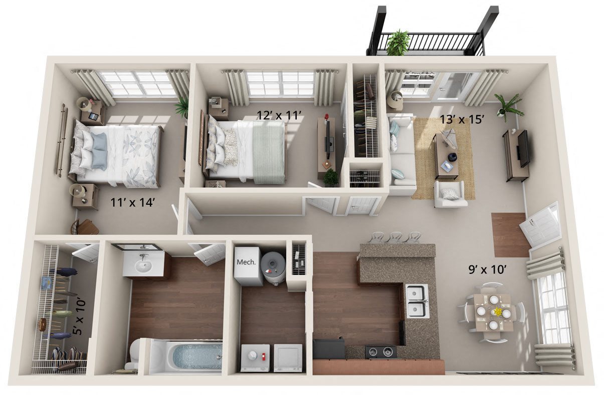 Two Bedroom, One Bath (B) Floor Plan 5